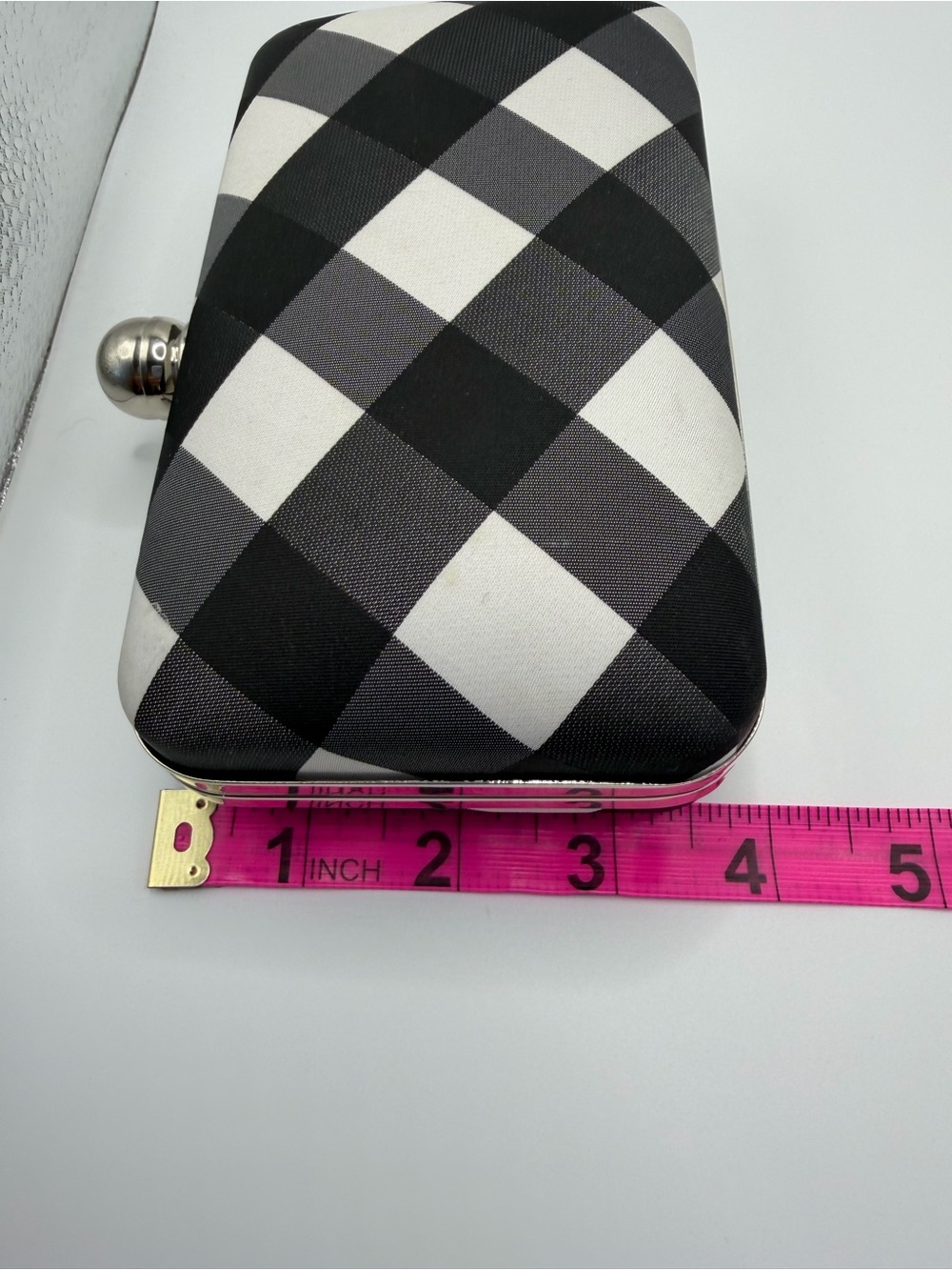 Black and White Checkered Convertible Box Clutch with Silver Chain Strap - Picture 9 of 10